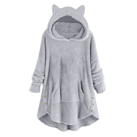gakvbuo Fleece Jacket For Women Cat Hoodie With Ears&Button Down Pullover Hoodie Fleece Hooded Sweatshirt Cat Ear Irregular Plush Solid Long Sleeve Warm Winter Oversized Outwear With Pocket