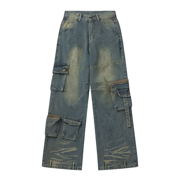 HBFAGFB Women's Jeans Wide Leg Pants with Pockets Retro Loose Straight Trouser Daily Wear Blue Size L