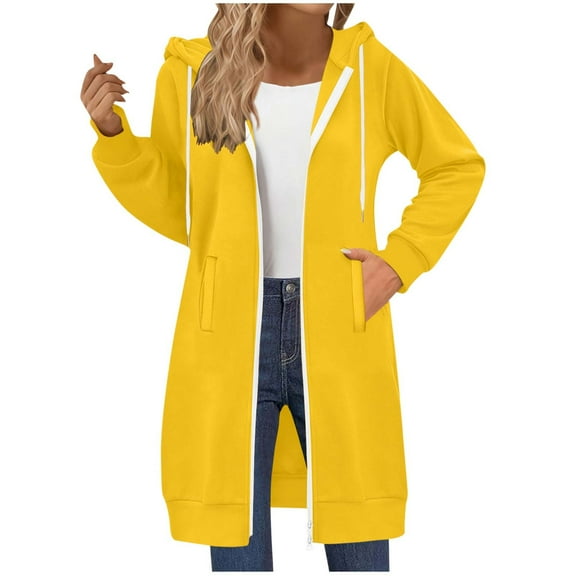 tarylea Long Hoodies for Women Two-Way Zipper Drawstring Jackets Long Sleeve Solid Color Sweatshirts with Pockets Casual Fall Trendy Tops