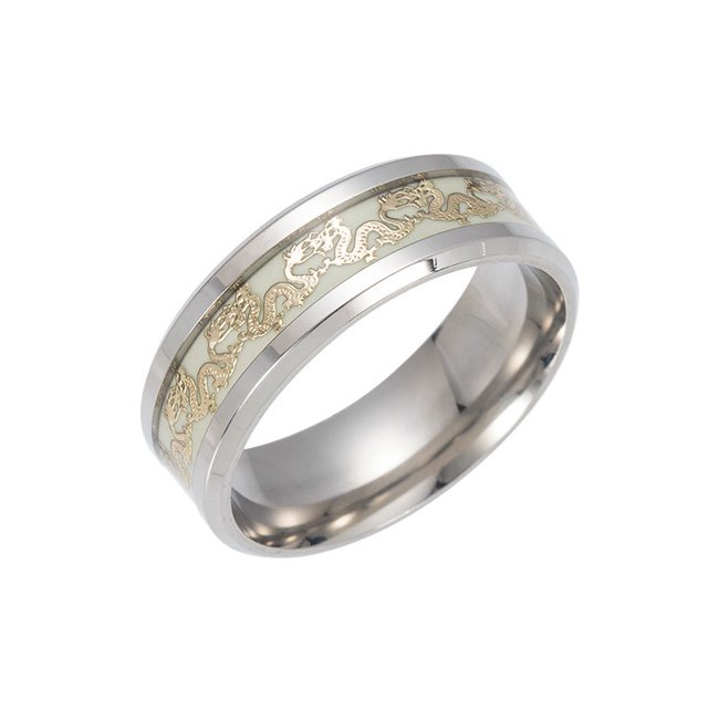 Luminous Ring Dark Golden Dragon Inlay Green Background Fashion Men Fluorescent Glowing Rings silver 6