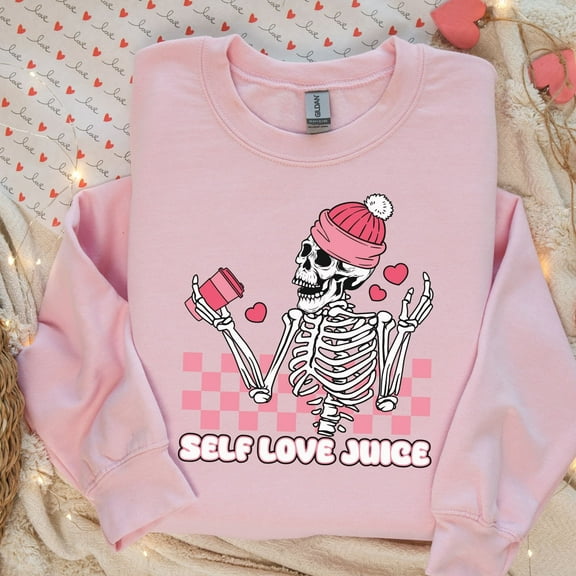 Galentines Self Love Juice Valentines Sweatshirt, Skeleton Valentine Sweater, Skeleton Valentine's Shirt, Self Love Club Vday Sweater (Sizes:M; Colors:Heliconia;)