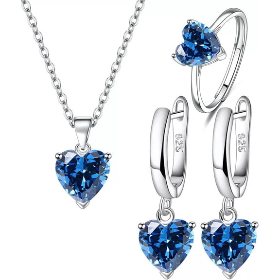 Women Quality 925 Silver Blue Zircon Heart Necklace Earrings Ring Jewelry Sets[t897]