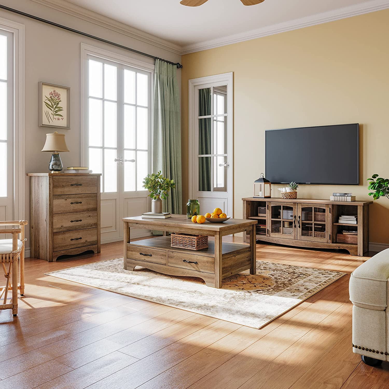 LINSY HOME Coffee Table with Storage Drawers, Wooden Farmhouse TV Stand Center Table for Living Room, Brown