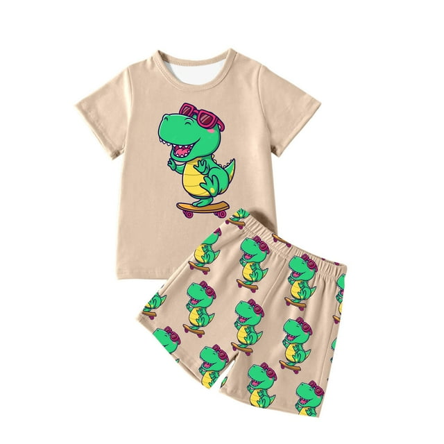 MIASHUI Ensembles et Tenues pour Garçons Imprimé Dinosaure Ensemble Haut à Manches Courtes Col Rond et Shorts pour Tenue Décontractée Âges 4-12 pour Activités Quotidiennes et Extérieures