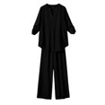 thumbnail image 7 of Cagogo Women Plus Size 2 Piece Set V Neck Long Sleeve Shirt Wide Leg Pants Casual Loose Outfits Solid Basic Matching Lounge Tracksuits Comfy Travel Airport Clothes, Black L, 7 of 7