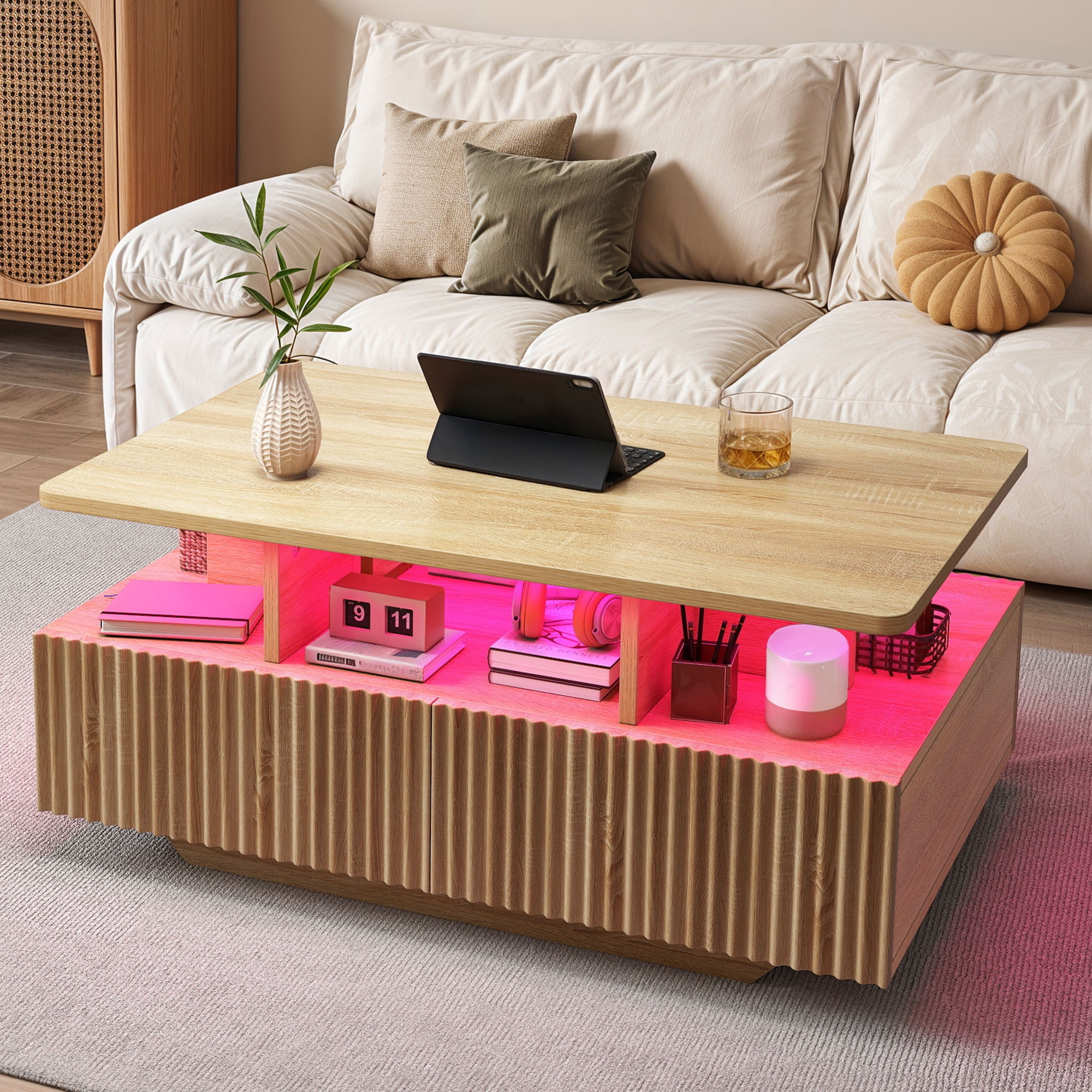 Uforic Fluted LED Coffee Table, Modern Center Tables with Storage for Living Room, Oak