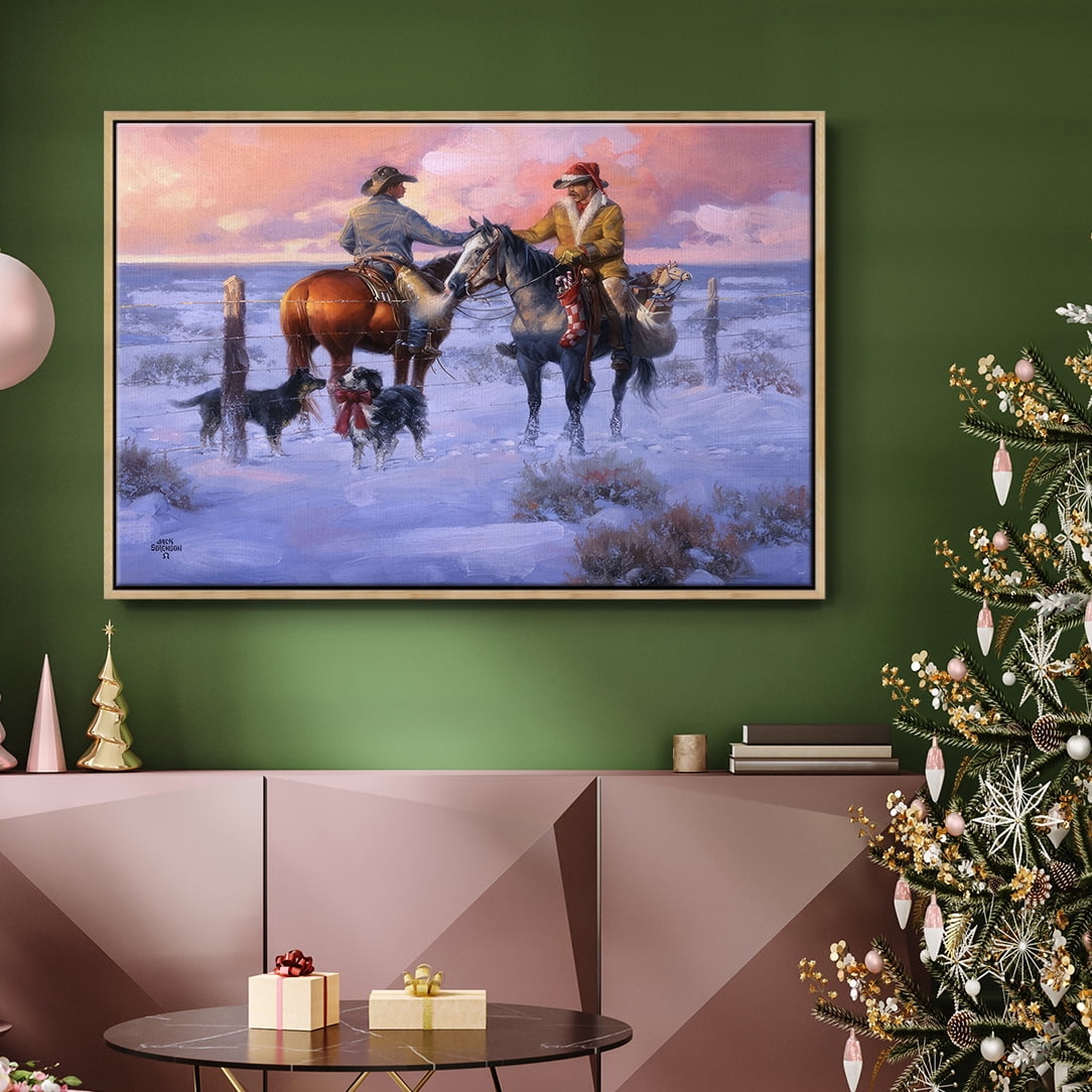Sharin' Christmas with the Neighbors - Framed Gallery Wrapped Holiday Canvas - 25 x 37 - Natural Wood Frame