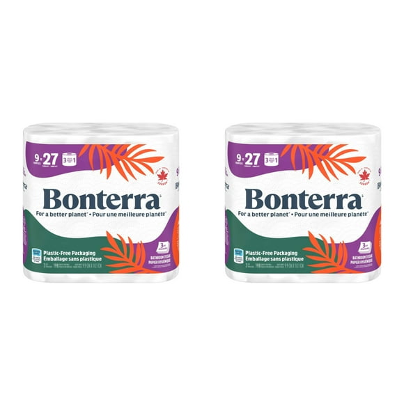 Bonterra Papier Hygiénique à Triple Rouleau, Papier de Toilette 3 Épaisseurs, Sécuritaire pour Fosses Septiques, Lot de 9, 4 Paquets