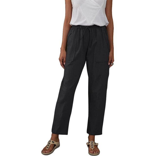ZHAOCHENG Pantalones casuales de lino y algodón para mujer, con cintura elástica y bolsillos, de verano, de color liso, con cordón y cintura elástica, elegantes.