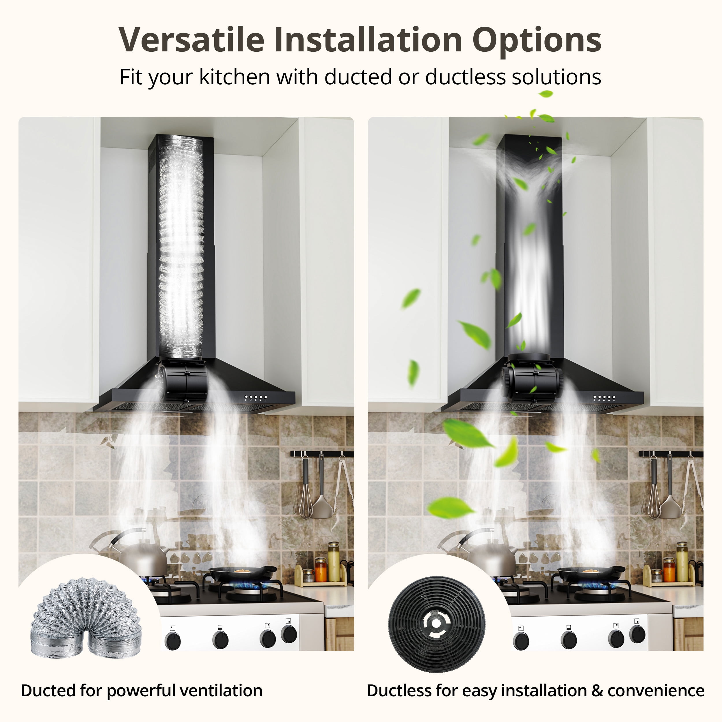 FIREGAS 24-Inch Black Wall Mounted Range Hood, 450m³/h Suction Power, Stylish Design with Two Smoke Evacuation Modes, 3-Speed Push Button Control,Convertible Ducted/Ductless