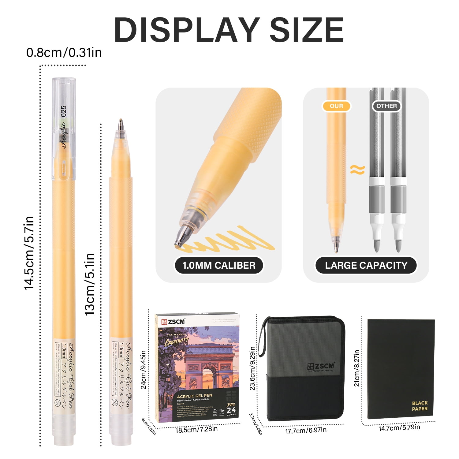 ZSCM Black Paper Sketchbook & 24 Colors Acrylic Gel Pens for Drawing, 1mm Fine Point Dull Acrylic Ink Pen for Black Paper, Sketching, Illustration