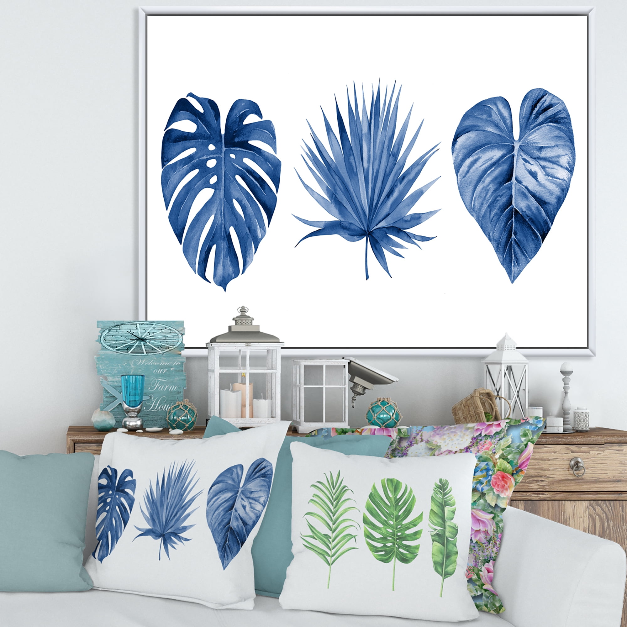 Designart 'Tropical Leaves In Classic Blue ' Tropical Framed Canvas Wall Art Print