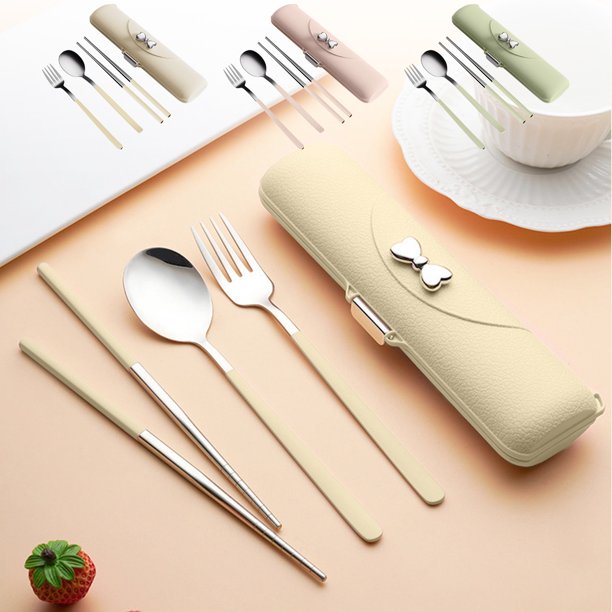 Juego de cubiertos portátil de acero inoxidable | Utensilios de camping Cubiertos de viaje reutilizables | Tenedor, Cuchara, Palillos, Cuchillo, Caja de almacenamiento | Fácil de limpiar | Escuela