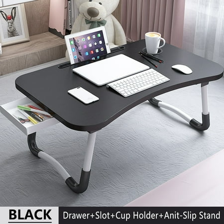 PHANCIR Foldable Lap Desk  23.6 Inch Portable Wood Laptop Desk Table Workspace Organizer Bed Tray with iPad Slots  Cup Holder and Drawer  Anit-Slip for Working Reading Writing  Eating  Watching-Black