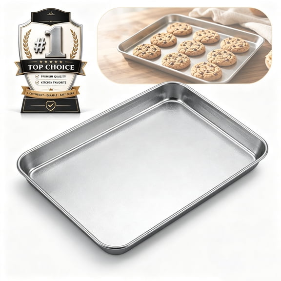 Non-toxic Stainless Steel （10.4*8.1IN）Pan Sheet Pan Heavy Duty Non-Stick Cookie Sheets, Oven Lightweight Rectangular Baking Tray with Raised Rim, Easy Clean for Baking Roasting Serving & Meal Prep