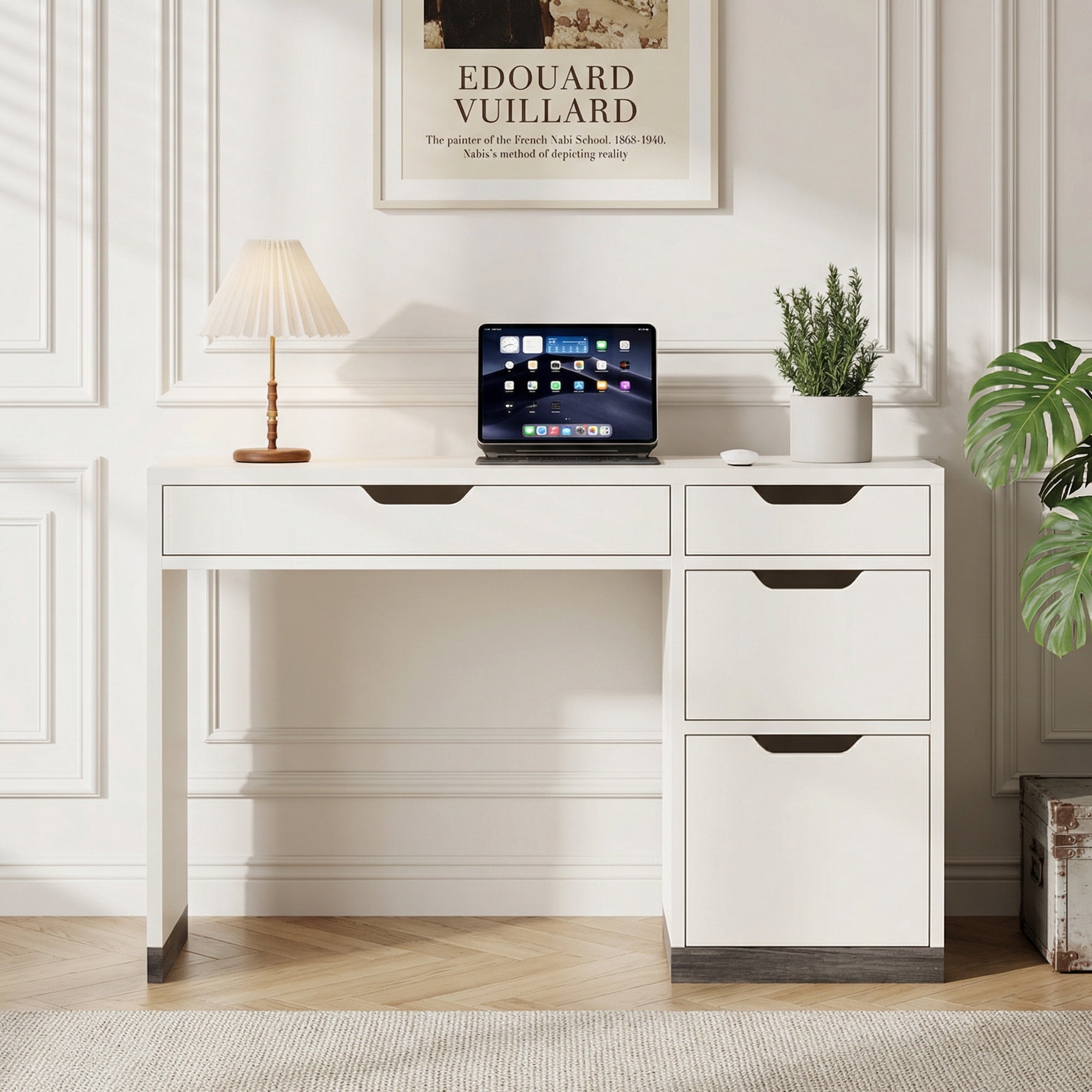 DreamCurship White Desk with Drawers, Modern Computer Desk with File Drawers, Home Office Study Writing Desk with Storage, White