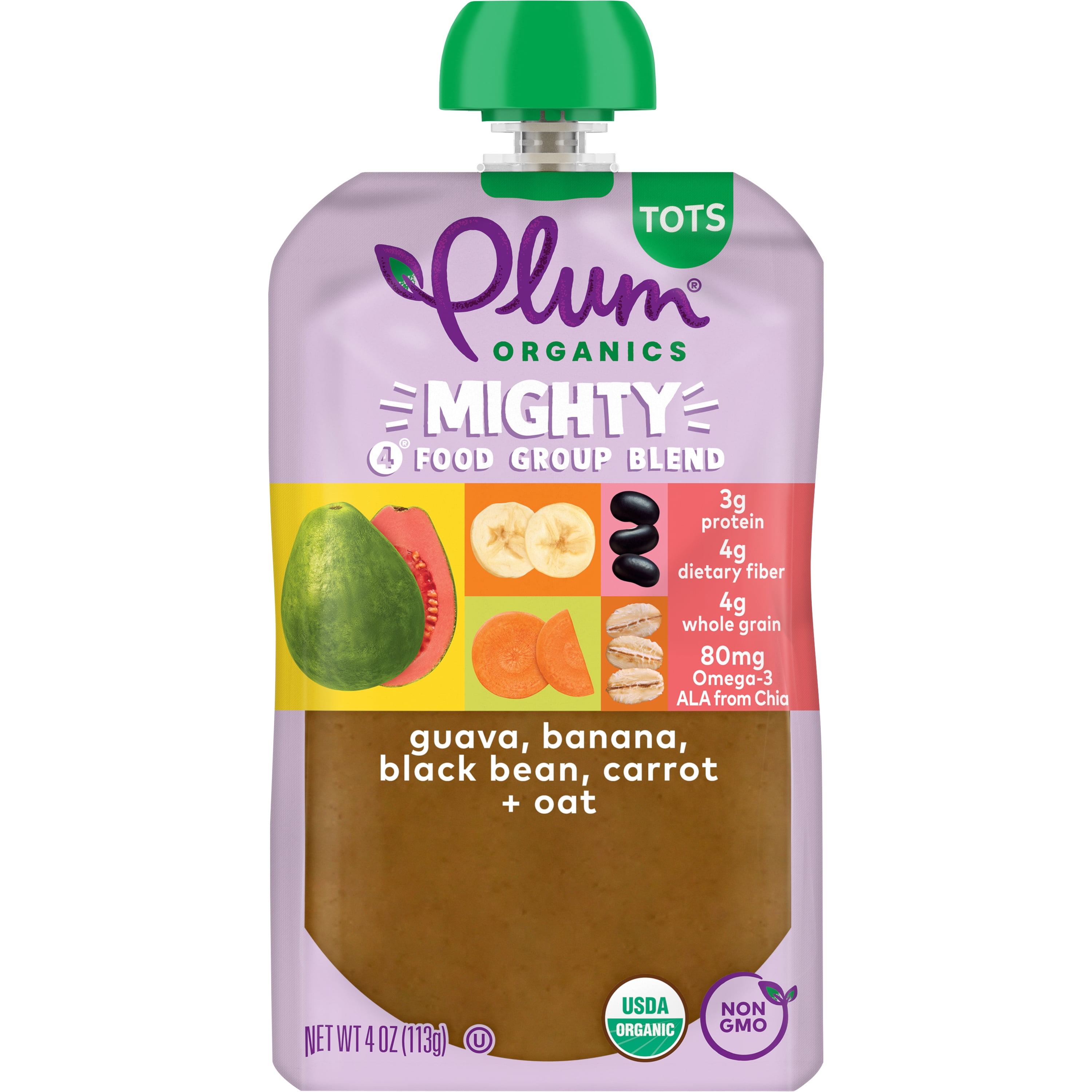 Plum Organics Mighty 4 Organic Toddler Food, Guava, Banana, Black Bean, Carrot and Oat, 4 oz Pouch - Case of 12