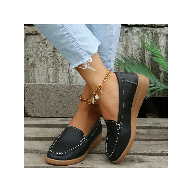 Woobling Ladies Wedges Low Top Loafers Round Toe Walking Shoes