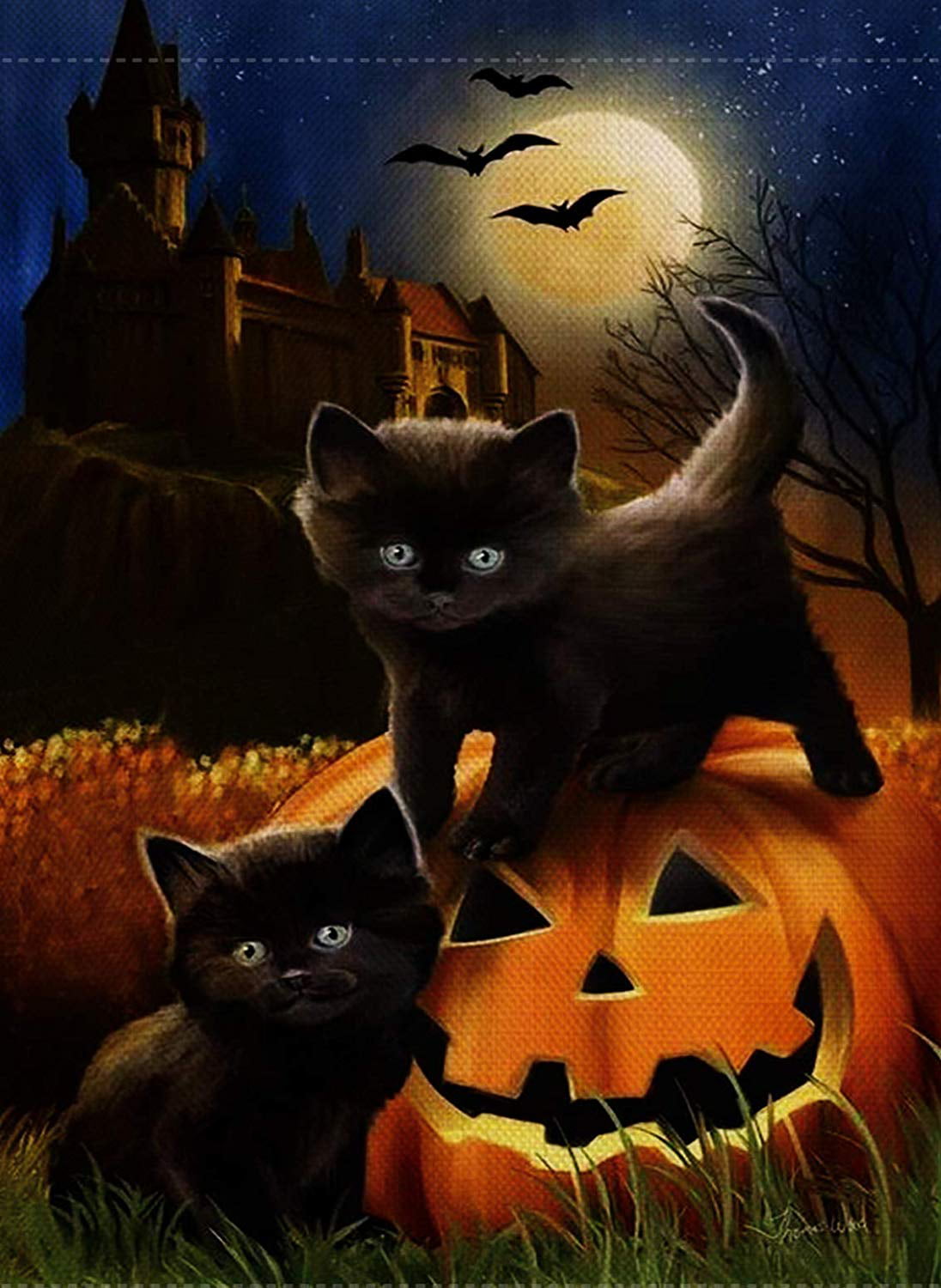 Morigins Happy Halloween Black Cat Moon Bat Ghost Double Sided Garden Flag 