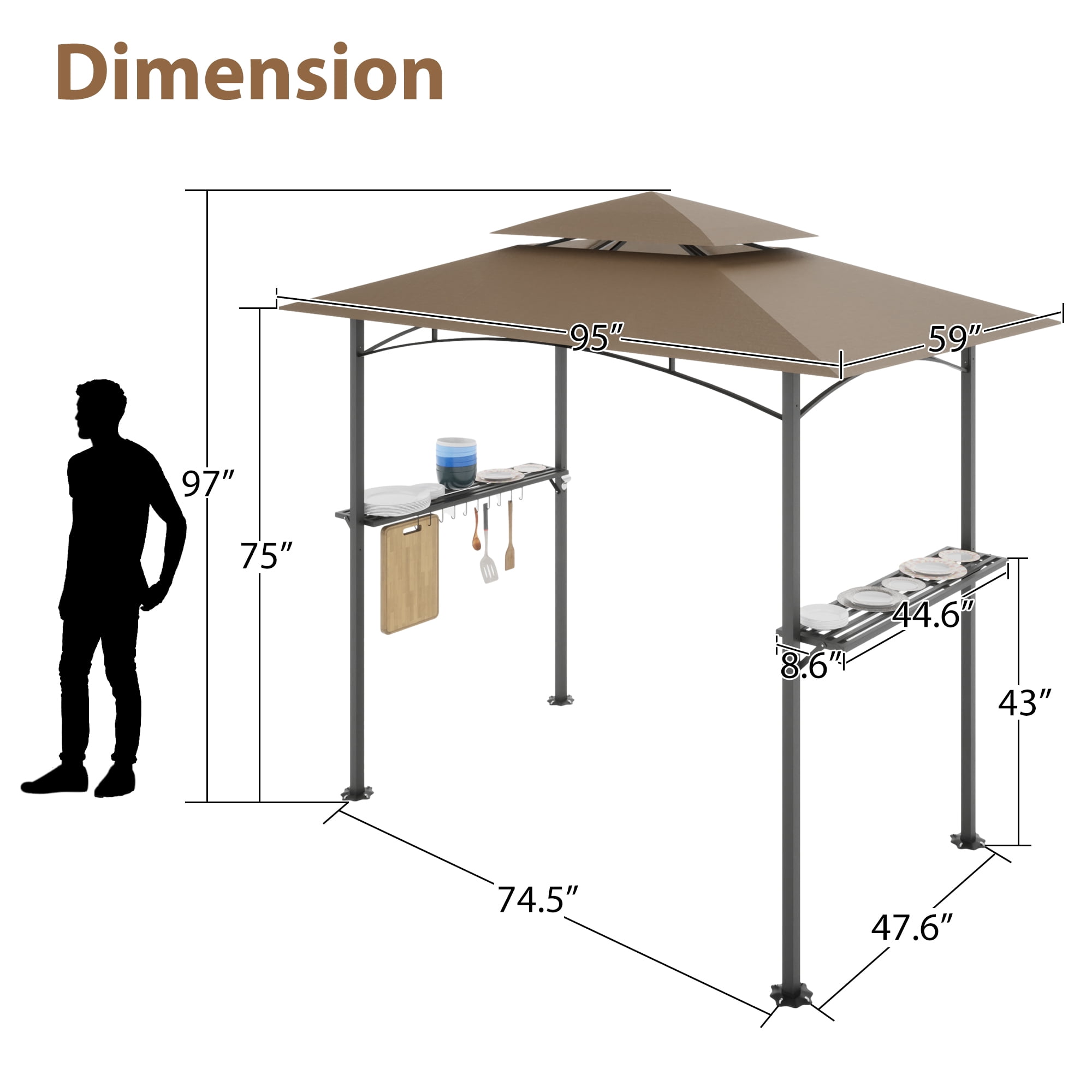 Aukfa 8 x 5 FT Grill Gazebo Grill Canopy Double Tiered BBQ Gazebo Outdoor, Khaki
