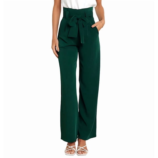 Pantalones Palazzo de Pierna para Mujer, con Cinturón, Cintura Alta, Informales, Holgados, Largos y con Bolsillos. Verde Oscuro S