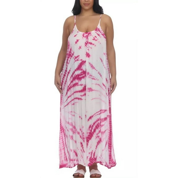 Raviya MAGENTA TIE DYE Plus Size Spaghetti Strap Maxi Dress Swim Cover-up, US 0X