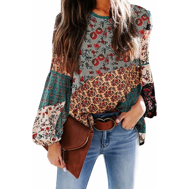 Sonducket Camisa de poliéster para mujer, blusa bohemia lavable a mano con cuello y mangas lisas para interiores y exteriores, camisas Type7 NO7