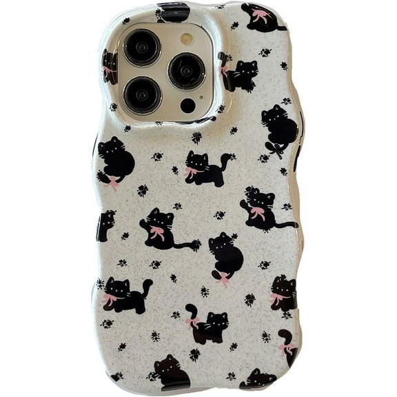 Cute Kawaii Black Cat Bow Flowers Wavy Frame Hard Phone Case Compatible with iPhone Case (White,iPhone 14 Pro Max)