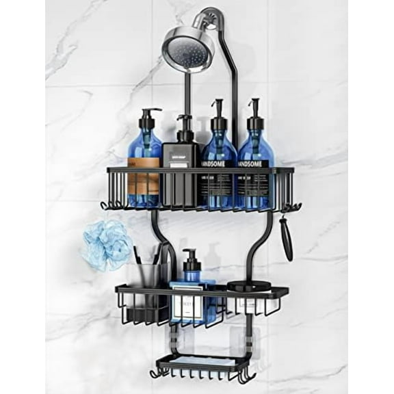 Shower Caddy Over Shower Head Never Rust Aluminum Large Hanging Shower Caddy with 10 Hooks for Razor/Sponge - Over The Shower Head Caddy with Soap Basket - Hanging Shower Organizer Black