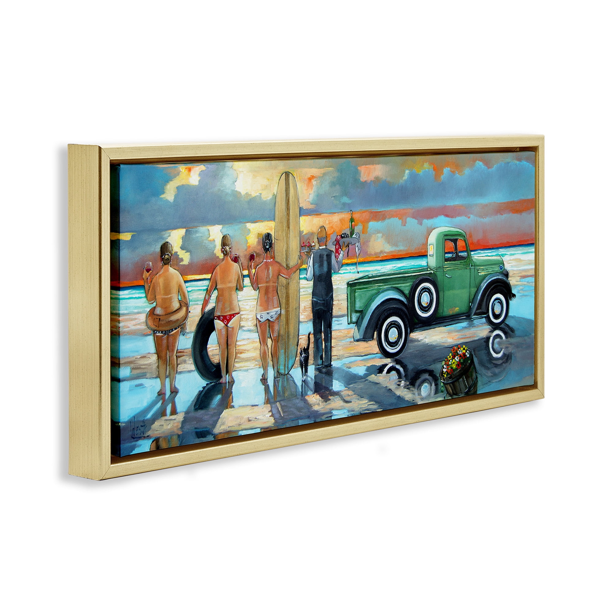 Stupell Industries Butler Serving Beach Girls Scene Nature Painting Gold Floater Framed Canvas Art Print Wall Art, 31 x 14