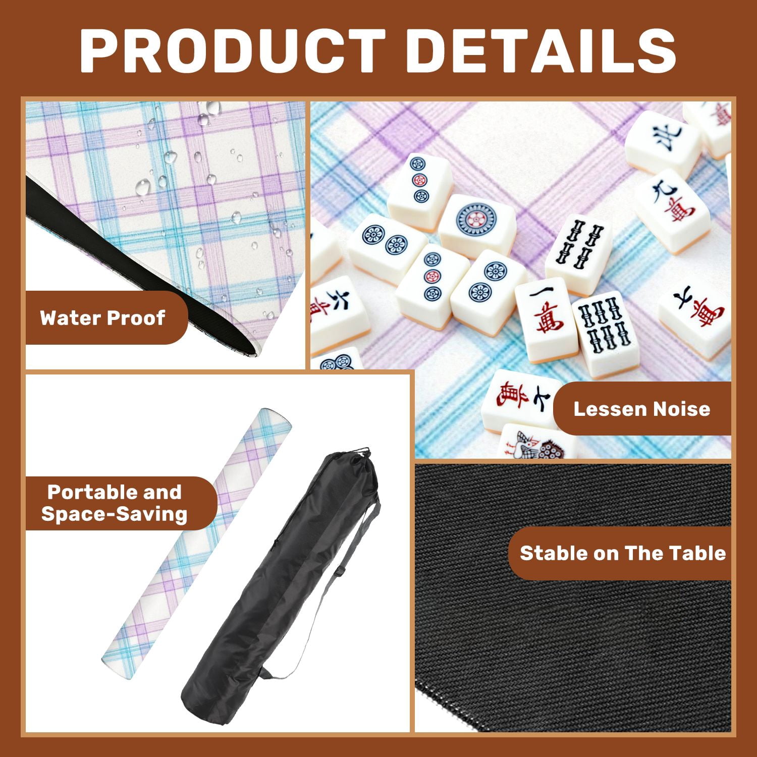Mahjong Mat 31.5" x 31.5" Soft Blue Purple Plaid Diagonal Stripes White Non-Slip Noise Reduction American Mahjong Tiles Table Cover for Dominoes Poker Card Board Games Gift