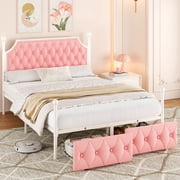 Homfa Full Bed Frame with 2 Drawer, Canopy Bed Frame with Storage & Upholstered Headboard for Bedroom, Curtain Not Included, Pink