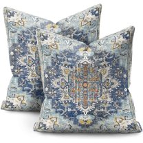Boho Throw Pillow Covers Vintage Blue Yellow Pattern Bohemian Style with Floral Square Pillowcase Linen Cushion Cover Farmhouse Decorative Pillowcase for Sofa Sofa Bedroom Pack of 2 18 x 18 Inch