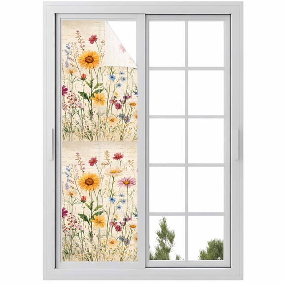 Sun Blocking Glass Window Film, Spring Floral Window Privacy Film Frosted, Vintage Pastoral Rustic Botanical Flowers Reusable Windows Privacy Sticker for Home Decor, Nursery, 23.6 x 78.7 Inches