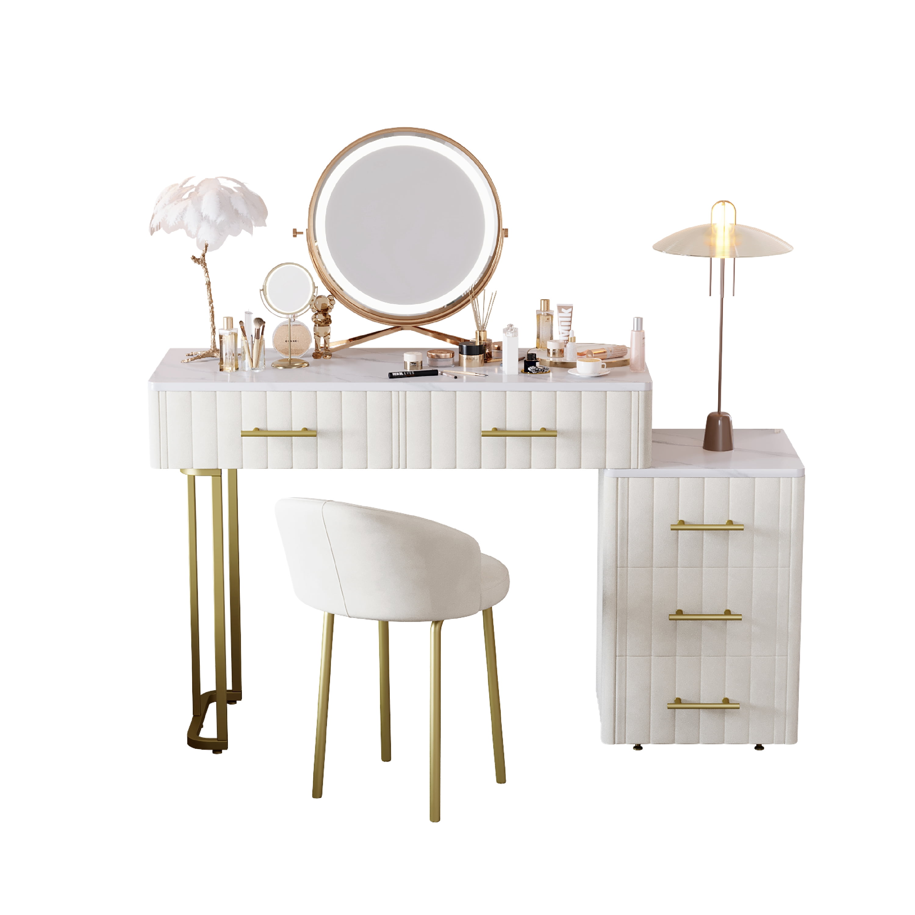 Euroco Upholstered Vanity Desk with Chair, Adjustable 5-Drawer Storage, Marble-Look Top & Gold Legs – 55” Makeup Table with Velvet Finish for Bedroom or Dressing Room