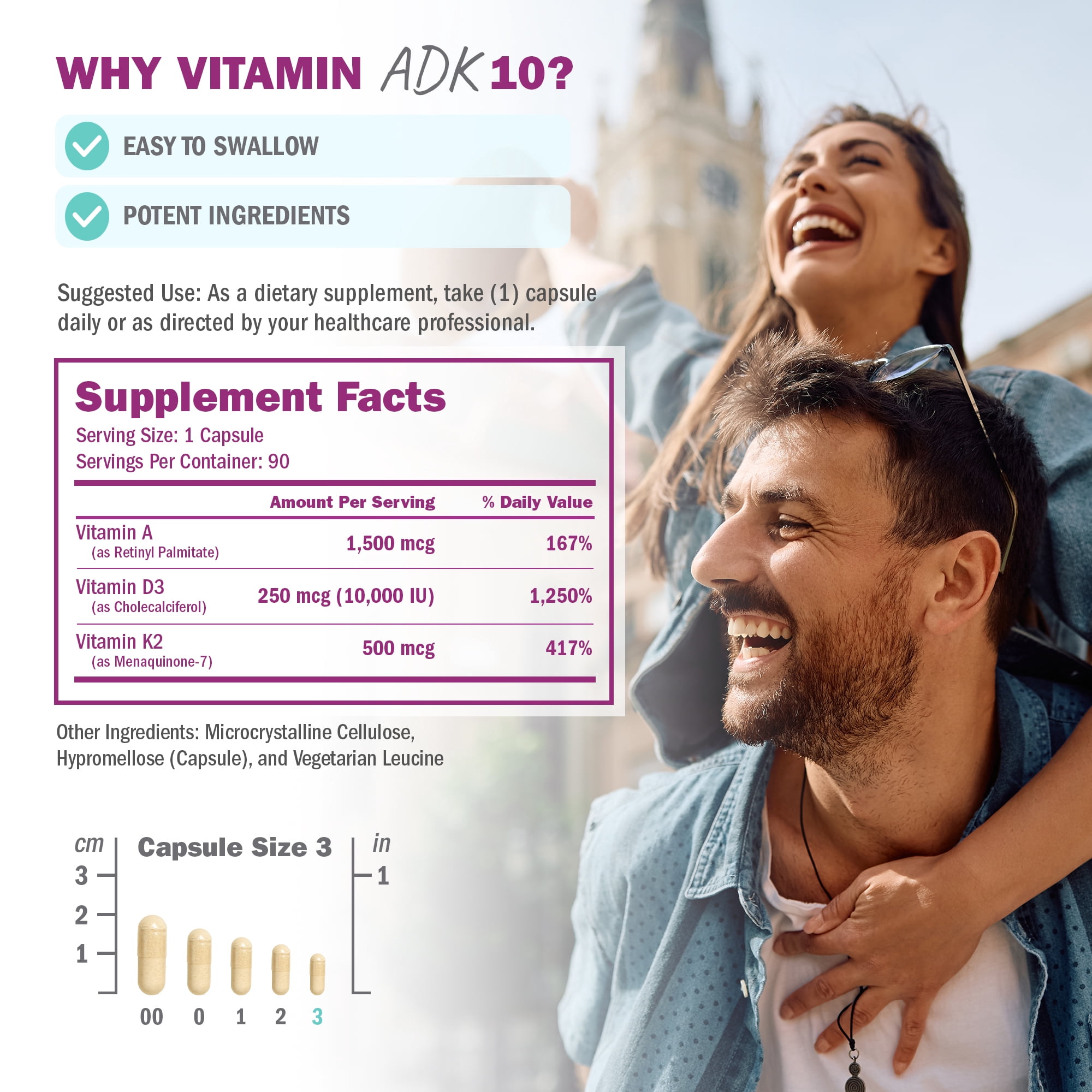 NatureGenX ADK Vitamin Supplement - High Potency Vitamin A 1500 mcg, D3 10000 IU & K2 500 mcg - Bone, Heart & Immune Support - 90 Vegetarian Capsules