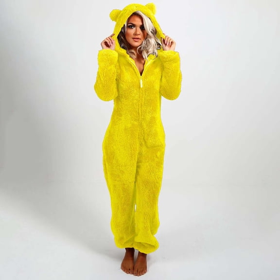Texiao Chritsmas Polyester Women's Nightshirt, Women's Artificial Wool Long Sleeve Pajamas Casual Solid Color Zipper Loose Hooded Jumpsuit Pajamas Casual Winter Warm Rompe Cute Ears Sleepwear