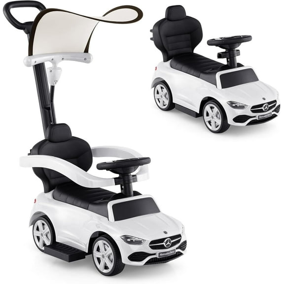 Licensed Mercedes Benz Push Car for Toddlers by OLAKIDS, 3 in 1 Baby Stroller Sliding Walking Car with Canopy, Parent Control Handle, Horn, Storage, Foot-to-Floor Ride on Toys for Boys Girls