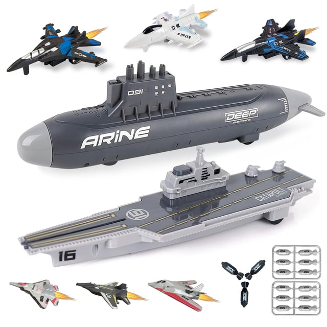 Portaaviones de juguete WaSaika con aviones de combate y submarinos