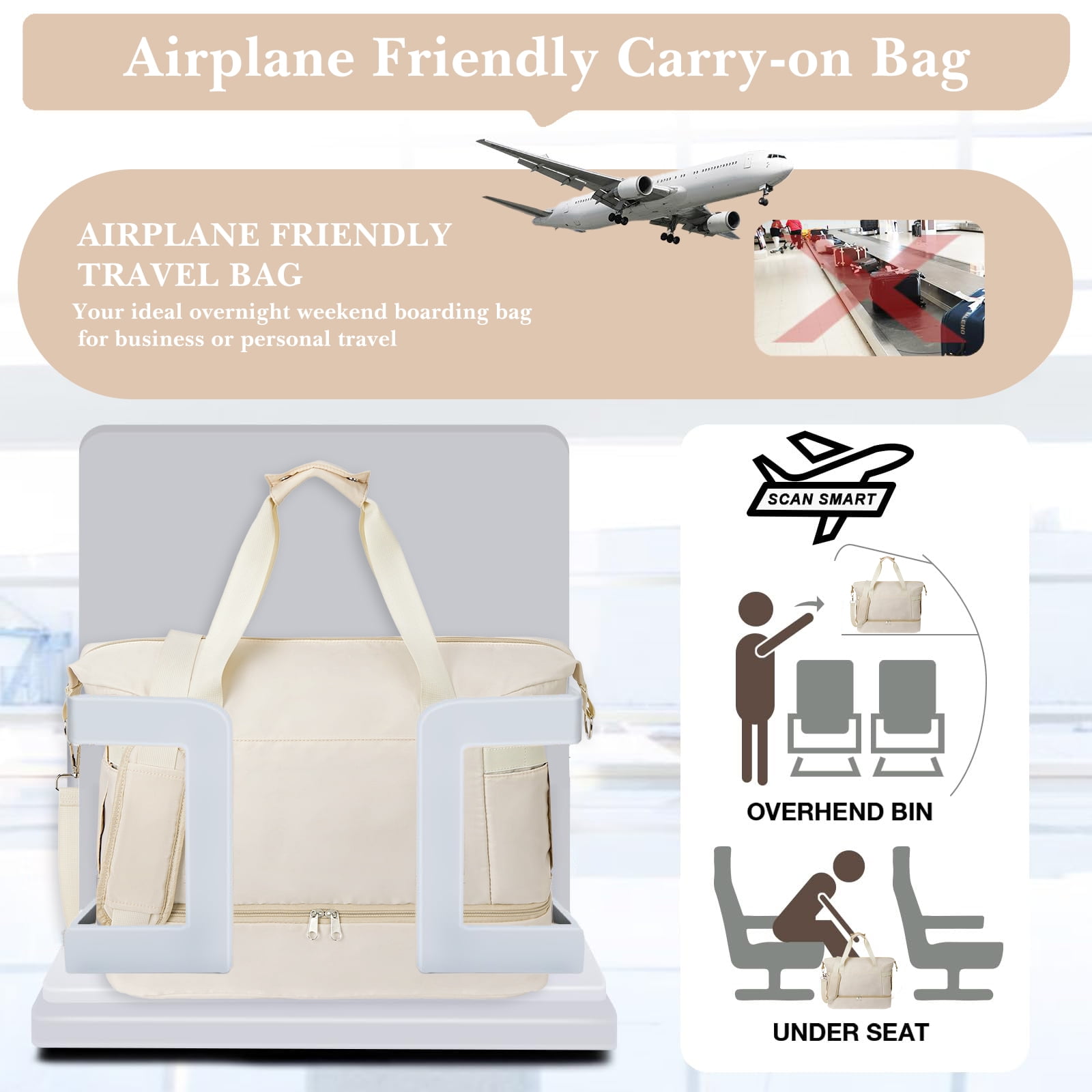 DAKIMOE Travel Duffel Bag for Women Gym Bag with USB Charging Port Large Weekender Overnight Bag Yoga Duffle Bags with Wet Pocket and Shoes Compartment, Beige