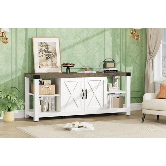 Farmhouse TV Stand for 65/60/55 Inches, Mid Century Modern Entertainment Center with Storage Cabinets and Open Shelves, Wood TV Table Media Console for Living Room, Bedroom, Grey