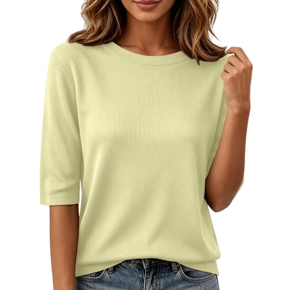 Women's Pullover Sweater Half Sleeve For Elbow Length Crew Neck Loose Blouse Summer Casual Lightweight Plus Size 1/2 Sleeve Shirts