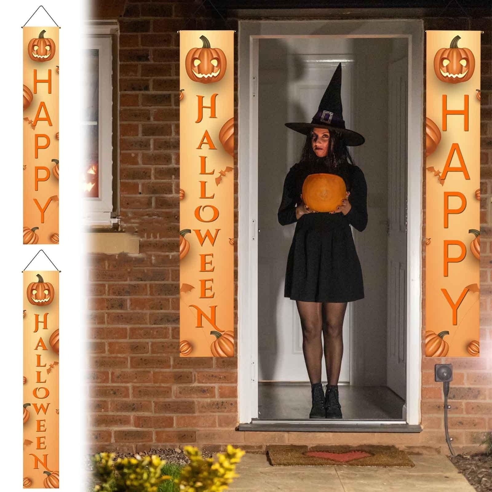 Décoration Halloween - Bannière Couplets De Porte 180x30cm - Fantômes, Citrouilles - Polyester - Facile à Suspendre - 6