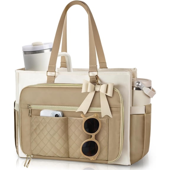 Teacher Tote Bag for Women,Multi-Pocket Laptop & Nurse Work Bag with Cup Holder,Structured Business Briefcase Computer Purse