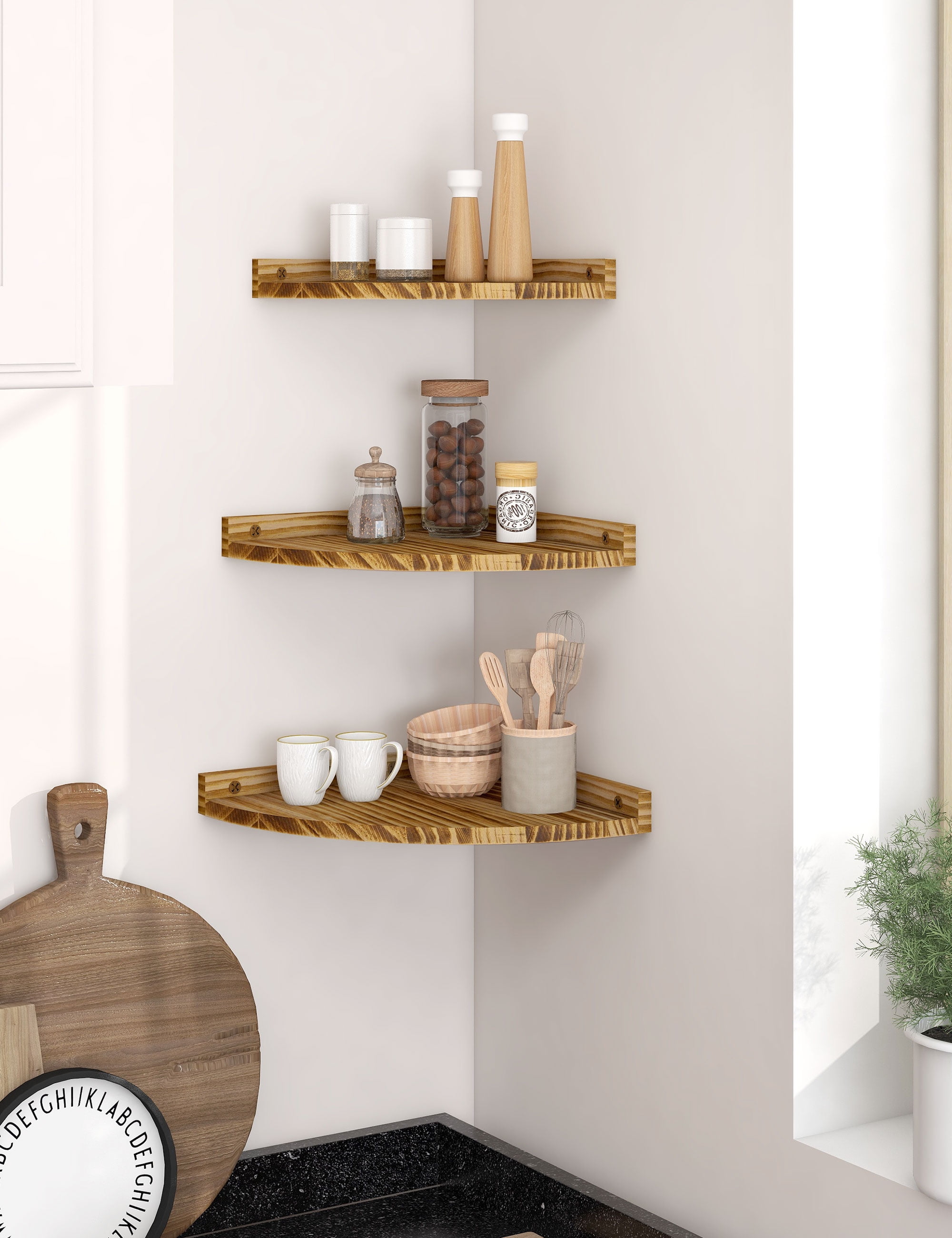 Afuly Floating Corner Shelves for Wall, Rustic Solid Brown Wood Wall Mounted Corner Shelf, 3 Set