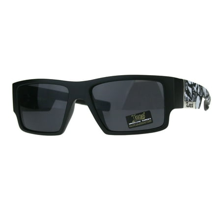 Locs Mens Gangster Skull Print Arm Plastic Rectangular Sunglasses All Black