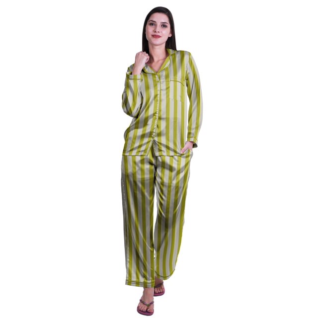 Moomaya Ensemble de Pyjama à Manches Longues et Shorts pour Femmes en Satin avec Boutons