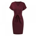 thumbnail image 3 of Basic V Cou Casual Robe à Manches Courtes Ceinturée Robe de Bureau Couleur Unie Parti Mini Robes Slim Robe Bodycon Robe Stretch, 3 of 9