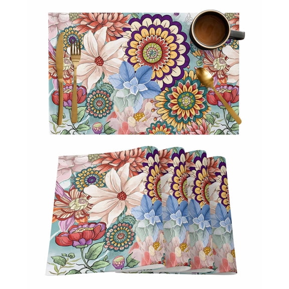 Boho Floral Placemats Set of 4, Spring Vintage Abstract Art Flowers Placemats for Dining Table, Place Mats for Kitchen Tabletop, Waterproof Wipeable Dining Table Mats Set