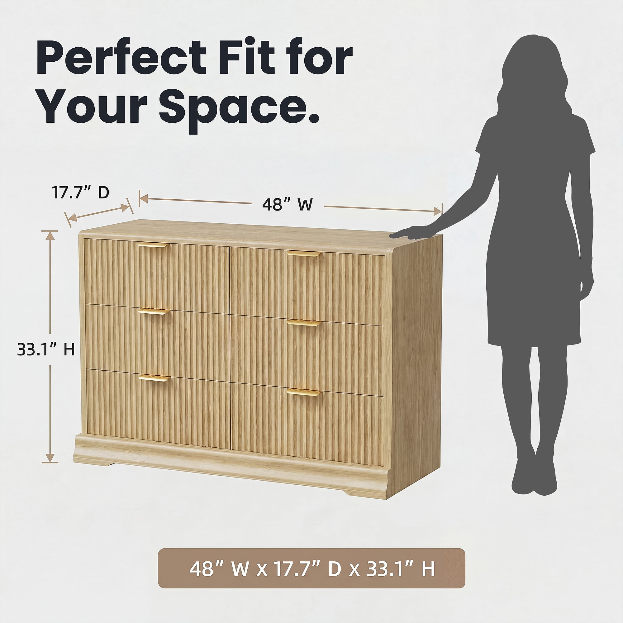 Homall Fluted 6 Drawers Dresser for Bedroom, 48" Modern Chest of Drawers with Metal Handle, Wood Closet Storage Organizer for Living Room, Natural